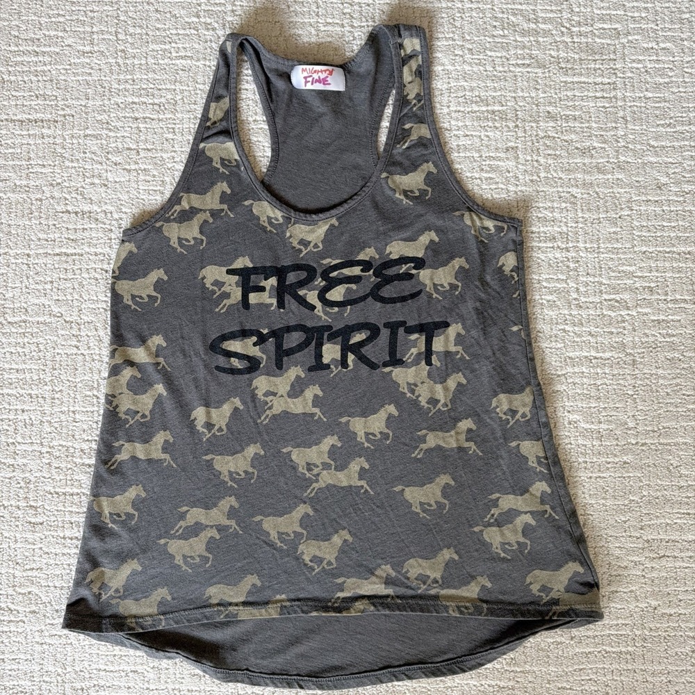 Mighty Fine Gray Tank With Galloping Horses "Free Spirit" Graphic Women's Size L